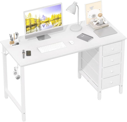 White Computer Desk with Fabric Drawers, 47 Inch Reversible Study Work Writing Desk for Home Office Bedroom, Simple Modern Cute PC Desks with Drawer, White-0