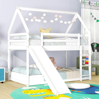 Twin over Twin House Bunk Bed with Slide,Floor Bunk Beds with Ladder for Kids,Solid Wood Twin Size Low Bunk Bed for Girls Boys-0