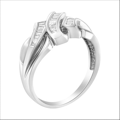 14K White Gold 1/3 Cttw Channel Set Baguette Diamond Bypass Ring Band (H-I Color, SI1-SI2 Clarity)-2