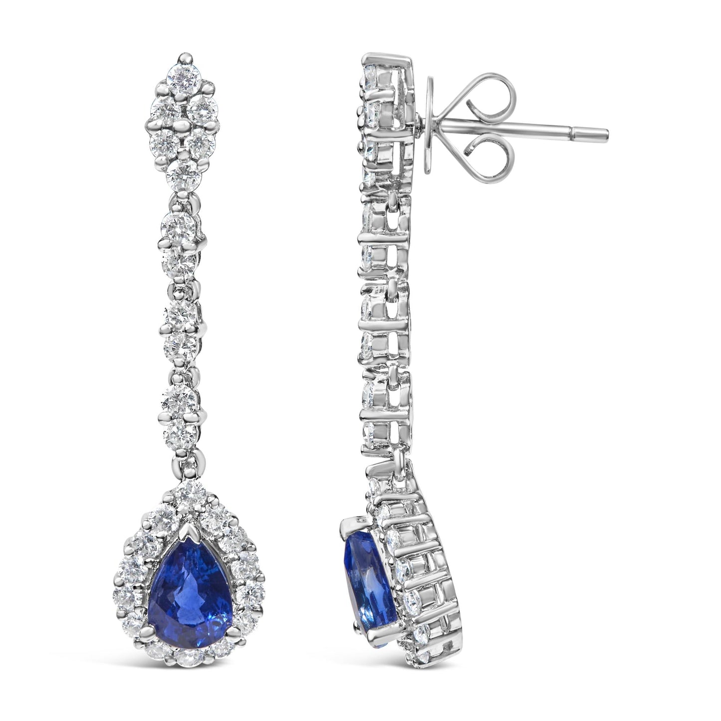 18K White Gold 1 3/5 Cttw Diamond and 7X5 MM Pear Shaped Blue Sapphire 1 1/3 Inch Drop and Dangle Halo Earrings (G-H Color, VS1-VS2 Clarity)-2