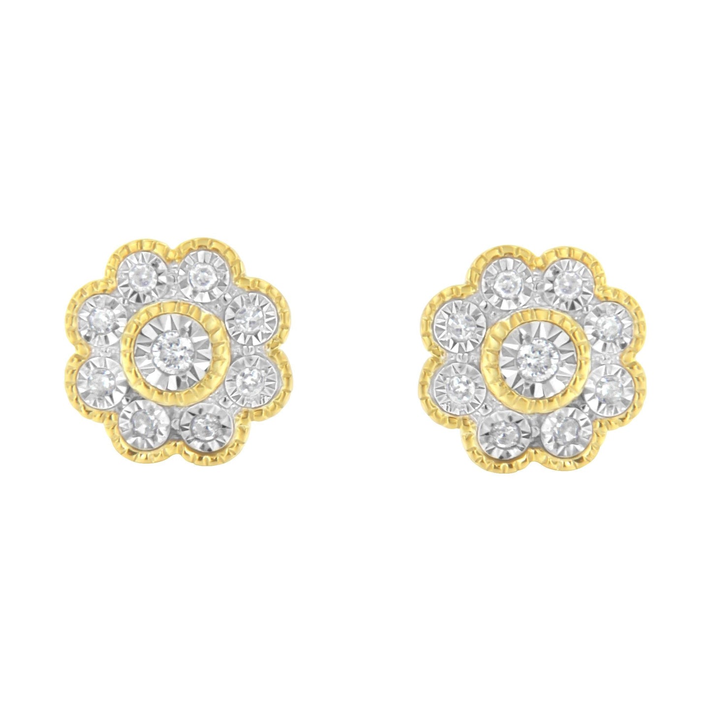14K Yellow Gold Plated .925 Sterling Silver 1/6 Cttw Miracle-Plate Set Diamond Floral Stud Earrings (I-J Color, I2-I3 Clarity)-2