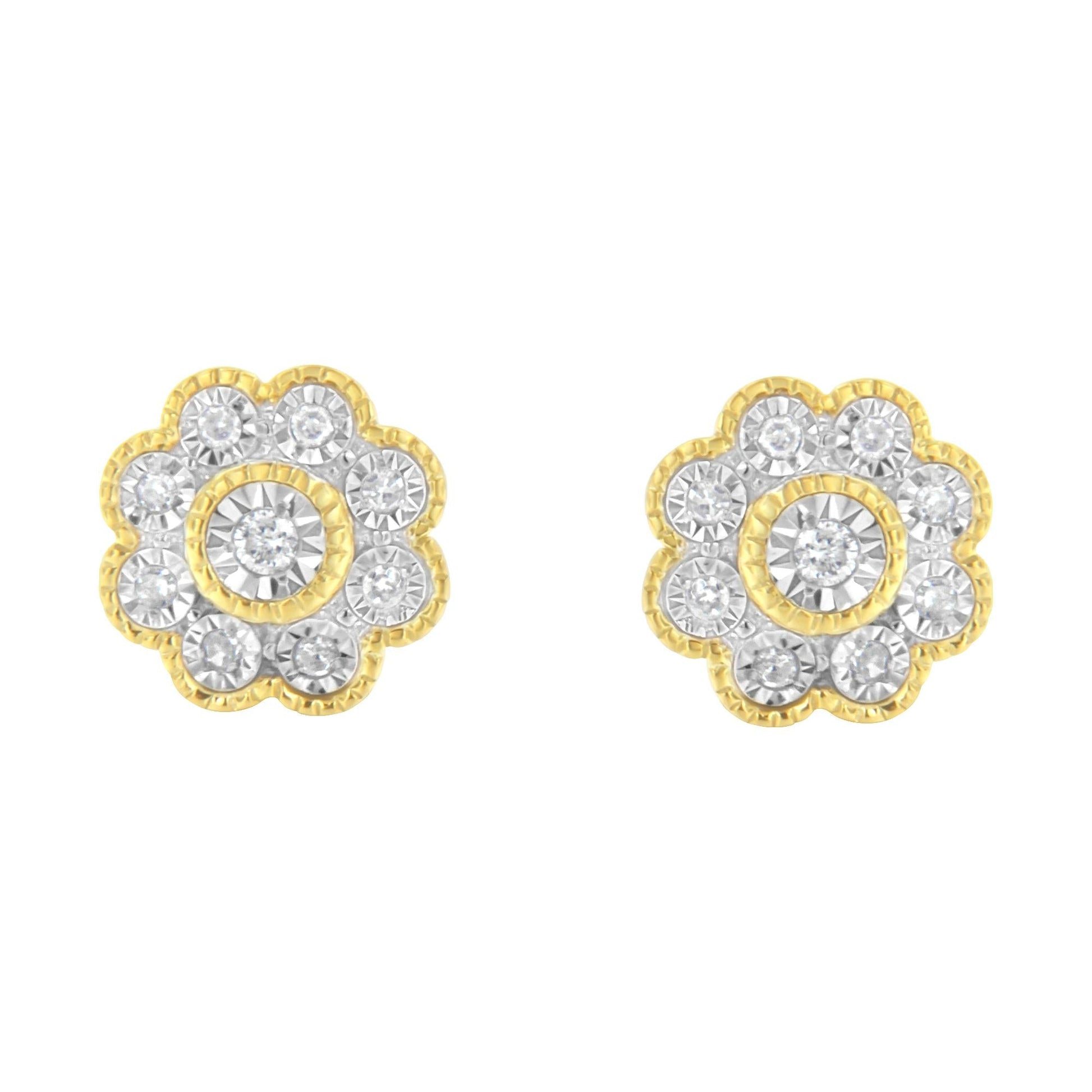 14K Yellow Gold Plated .925 Sterling Silver 1/6 Cttw Miracle-Plate Set Diamond Floral Stud Earrings (I-J Color, I2-I3 Clarity)-2