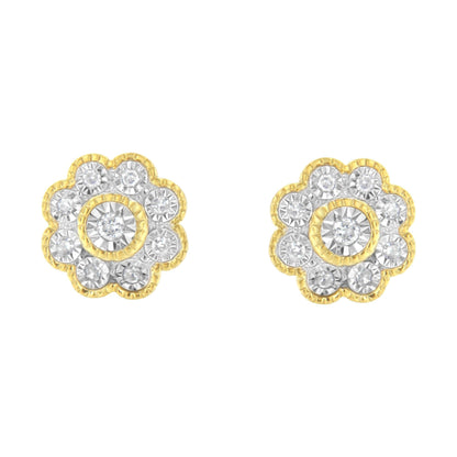 14K Yellow Gold Plated .925 Sterling Silver 1/6 Cttw Miracle-Plate Set Diamond Floral Stud Earrings (I-J Color, I2-I3 Clarity)-2