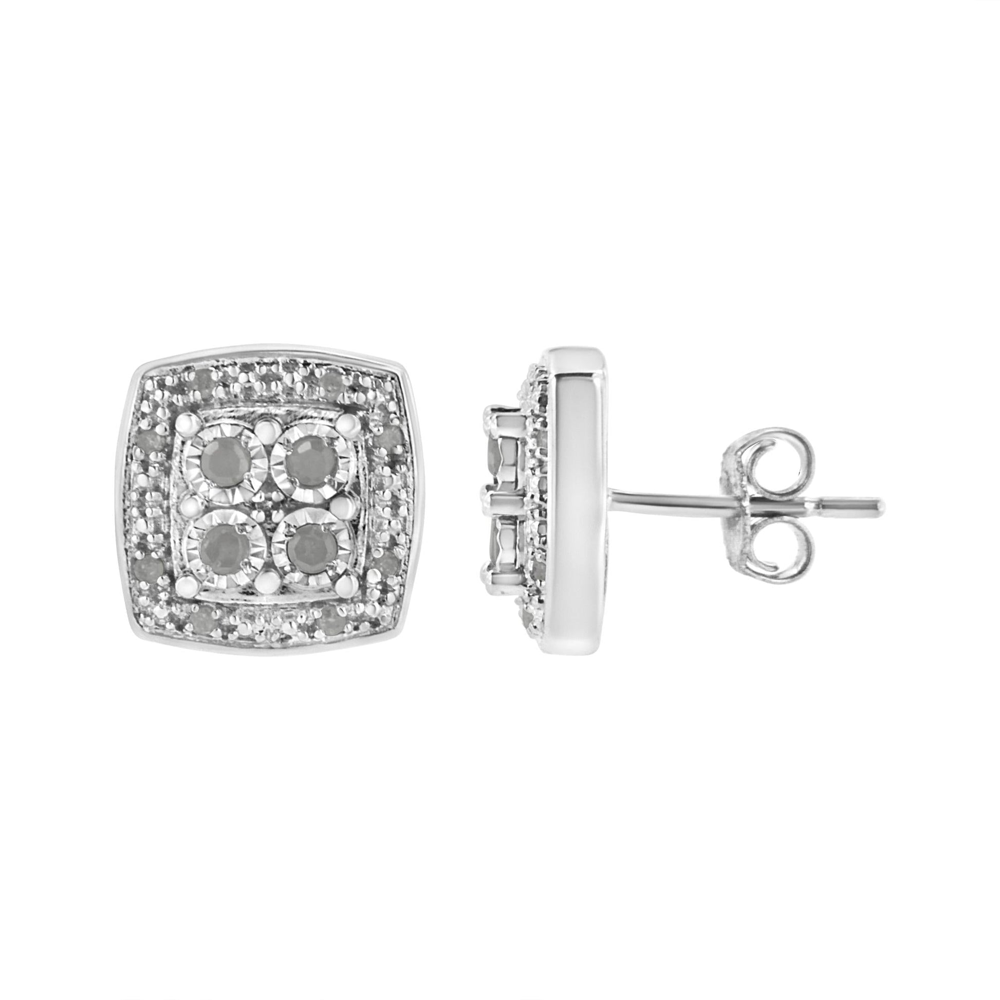 .925 Sterling Silver 1/4 cttw Round Cut Diamond Square Shape Milgrain Stud Earrings (I-J Color, I3 Clarity)-2