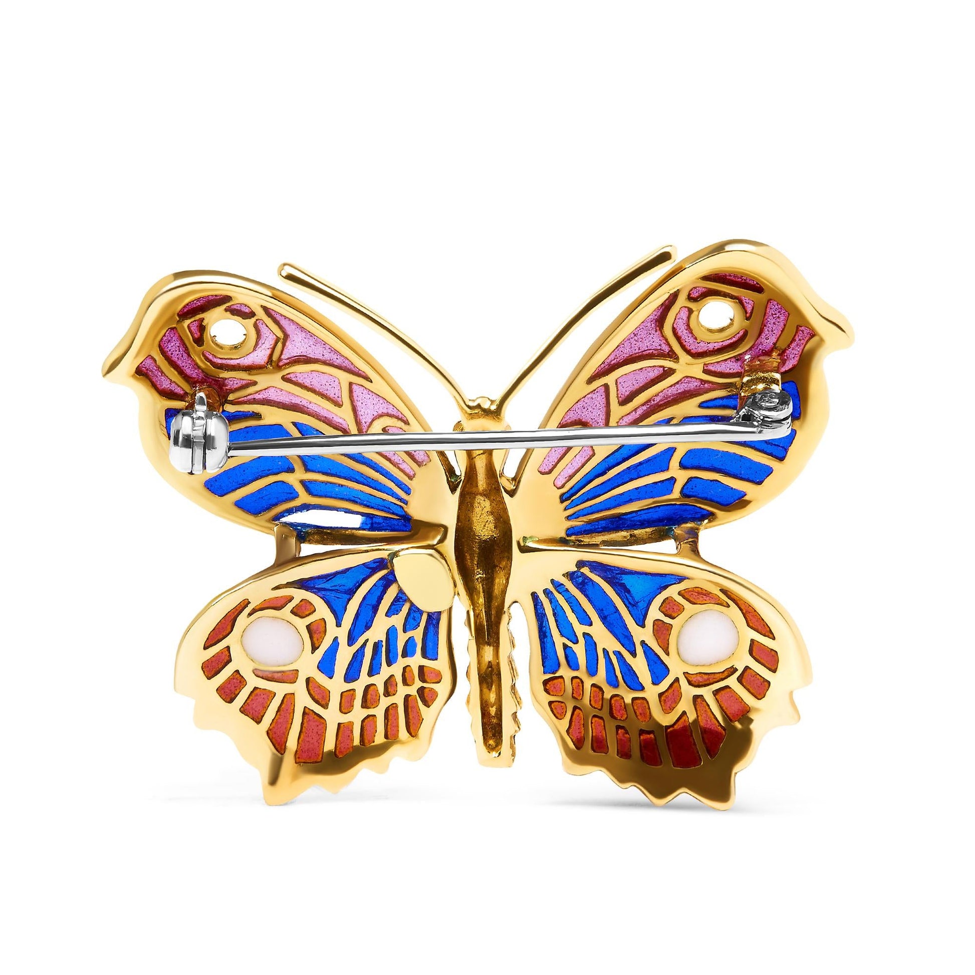 18K Yellow Gold Red, Blue, and White Enameled Butterfly Brooch Pin-2