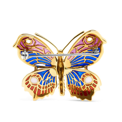 18K Yellow Gold Red, Blue, and White Enameled Butterfly Brooch Pin-2