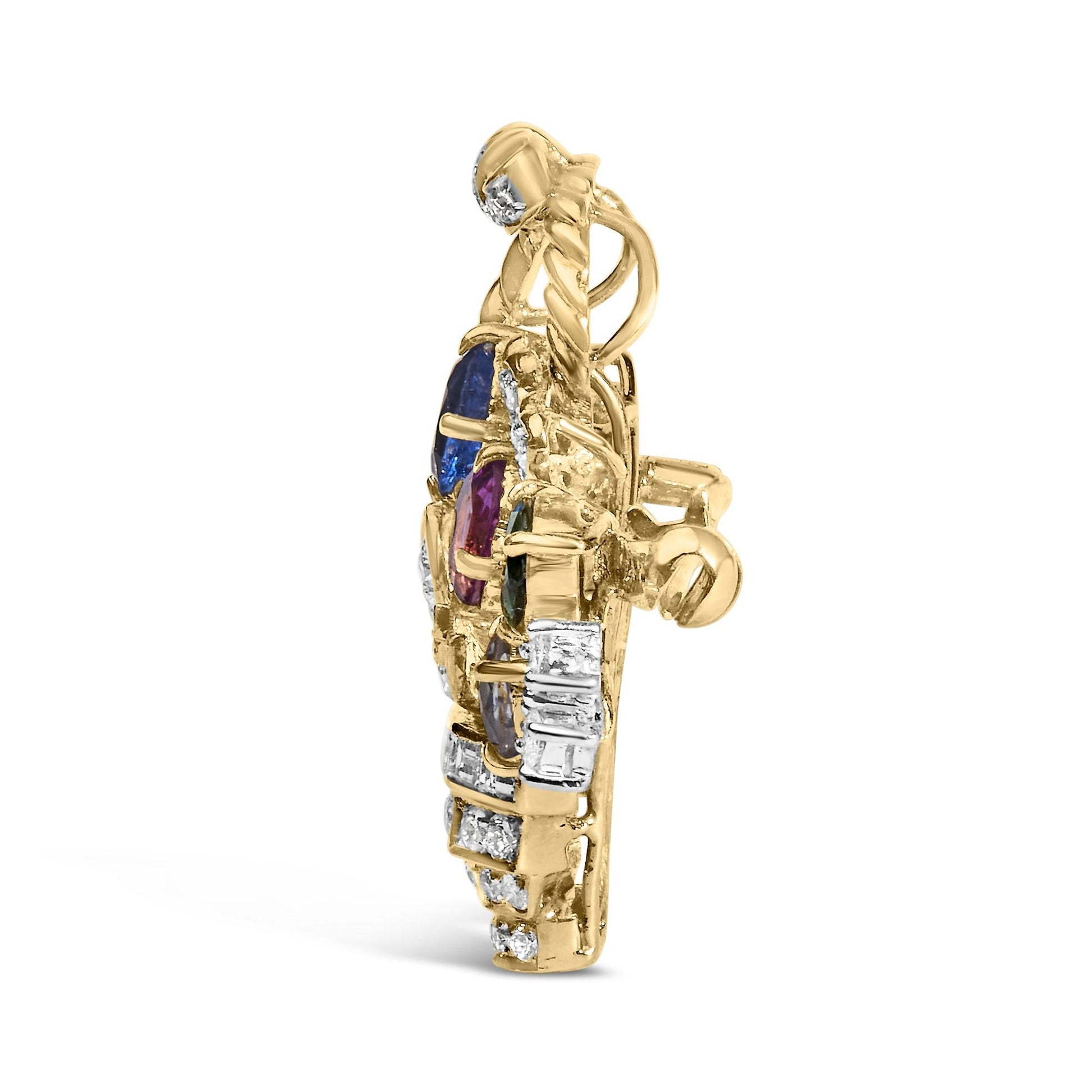 18K Yellow Gold 1 1/10 Cttw Diamond and Mixed Gemstone Floral Bouquet Pendant and Brooch Pin (G-H Color, VS1-VS2 Clarity)-2