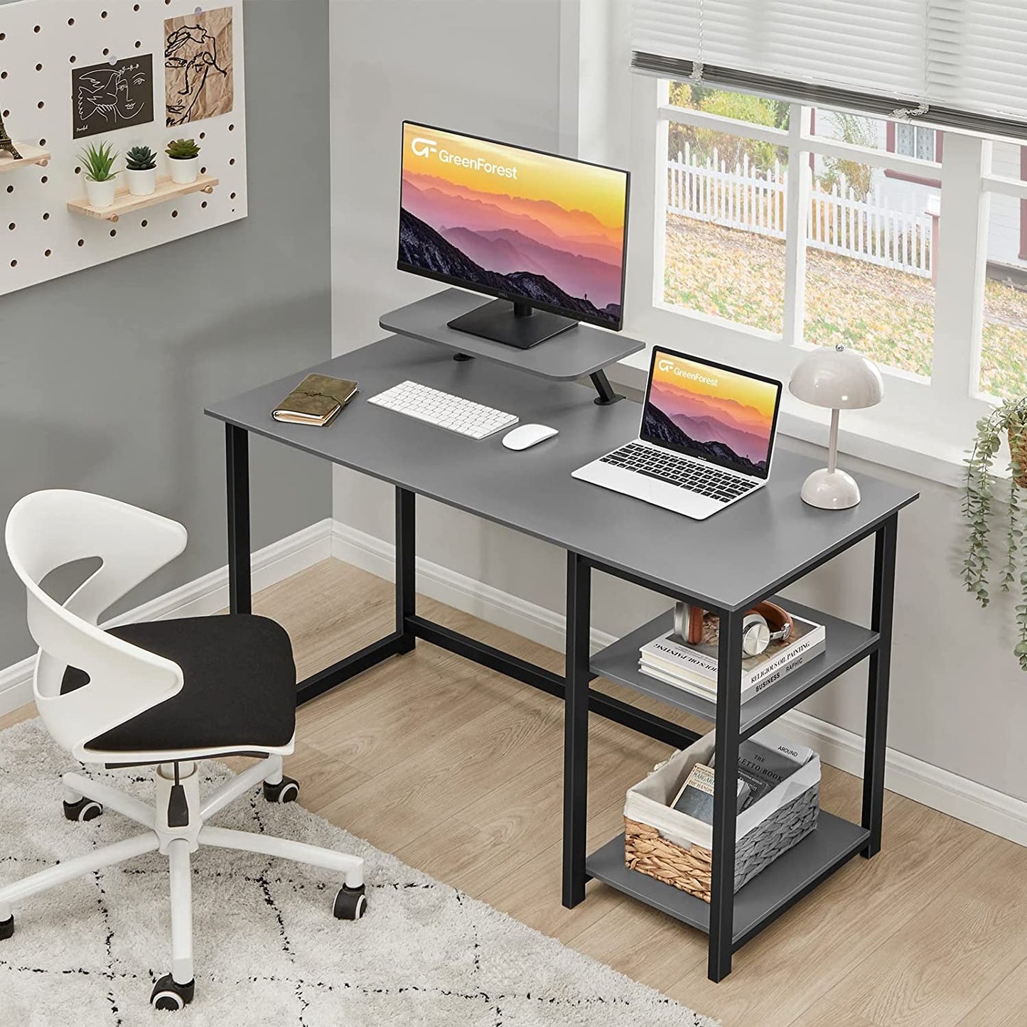 Small Grey Desk with Monitor Stand and Storage-1