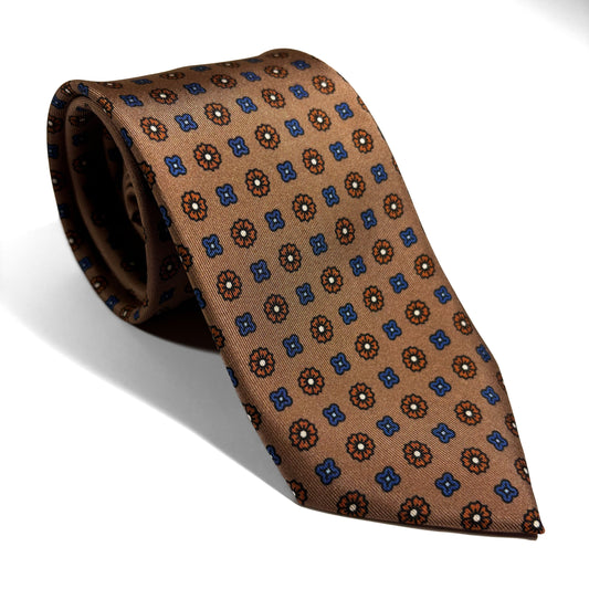 Beige Floral Printed Silk Twill Tie-0