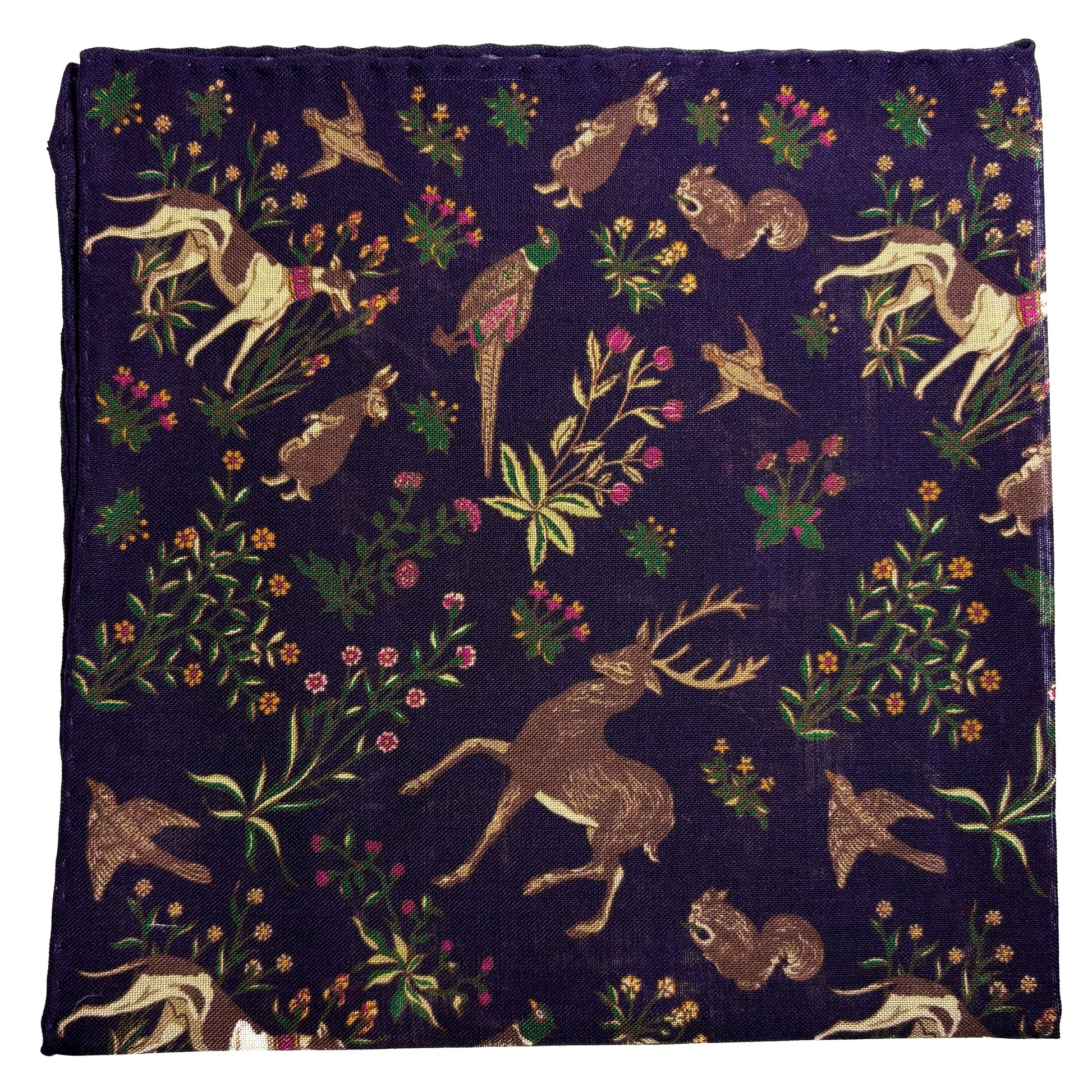 Terra - Floral Animal Motif - Purple - Wool/Silk Pocket Square-0