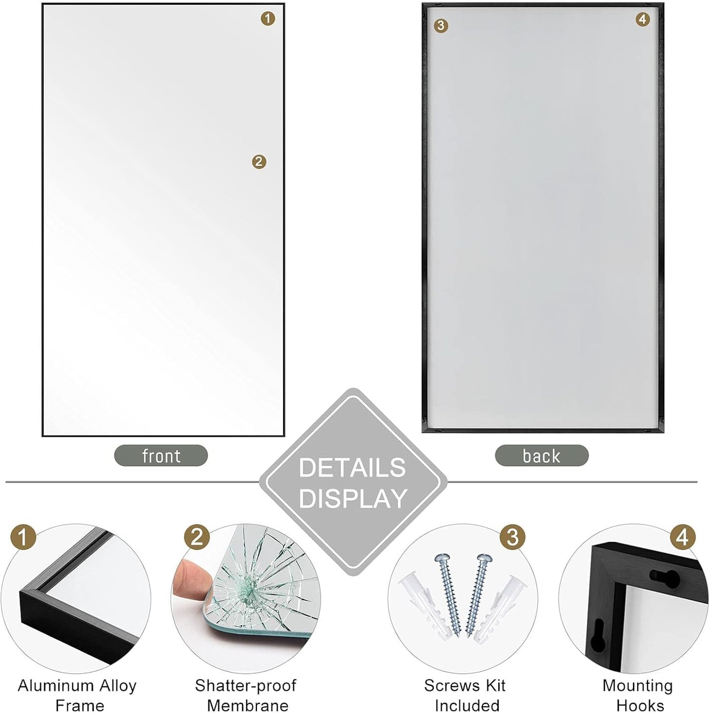 71"X32" Large Full Length Mirror Aluminum Alloy Frame Floor Mirror Wall-Mounted Mirror for Living Room, Bedroom, Hanging or Leaning against Wall, Black (No Stand)-3