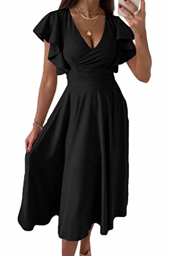 PRETTYGARDEN Women's Summer Midi Dress Ruffle Cap Sleeve V Neck Swing A Line Cocktail Party Dresses (Black,Medium)