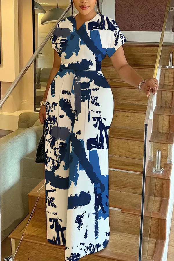 Leopard Print Short Sleeve V Neck Cinch Waist Pocket Vacation Casual Wide Leg Jumpsuits