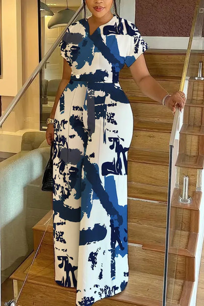 Leopard Print Short Sleeve V Neck Cinch Waist Pocket Vacation Casual Wide Leg Jumpsuits