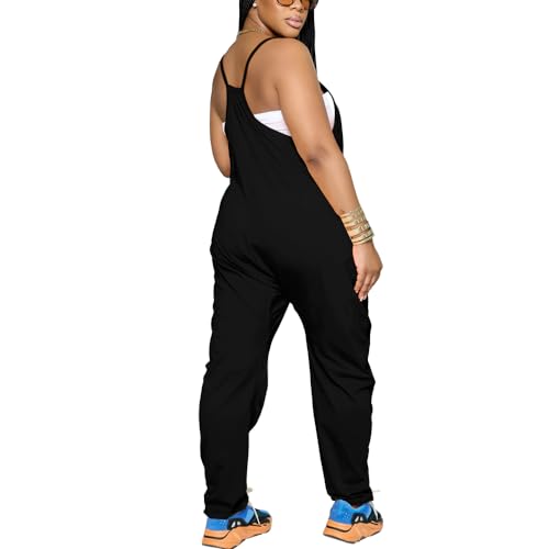 Womens Jumpsuits Casual Summer Rompers Sling Sleeveless Loose Baggy Overalls Jumpers With Pockets 2025 Black XXL