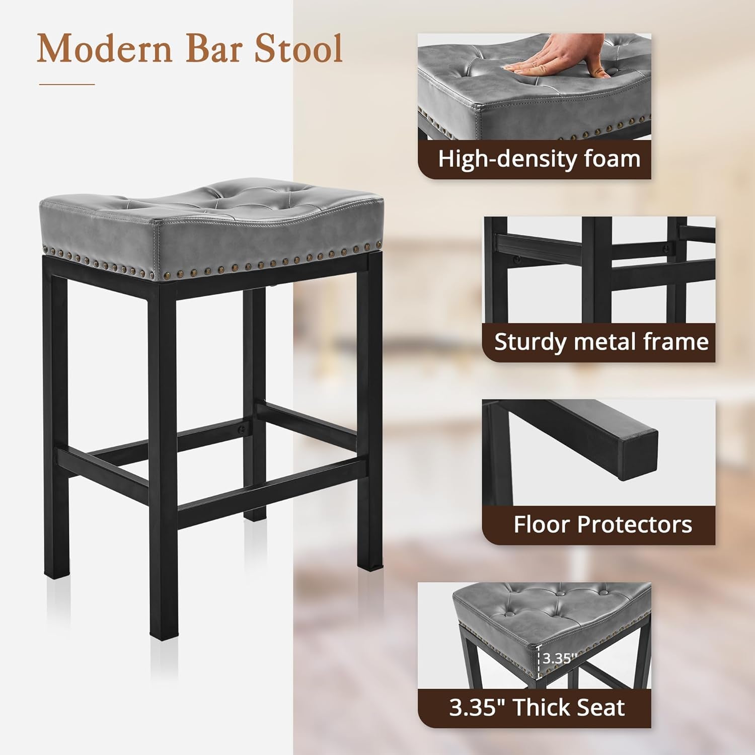 Bar Stools Set of 2, 24 Inch Saddle Backless Faux Leather Counter Height Stools with Black Metal Legs, Dark Gray-3