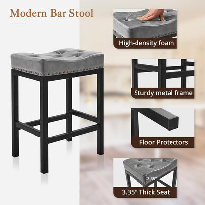 Bar Stools Set of 2, 24 Inch Saddle Backless Faux Leather Counter Height Stools with Black Metal Legs, Dark Gray-3