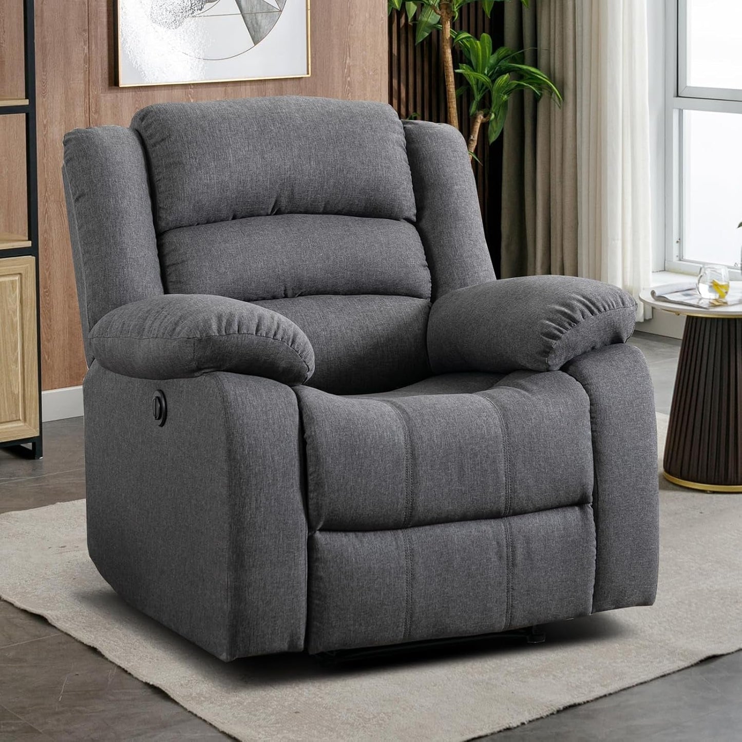 Classic Power Recliner Chair, Oversized Electric Reclining Chair with Overstuffed Cushion and Back, Soft Fabric Adults Single Recliner Sofa for Living Room, Grey-0