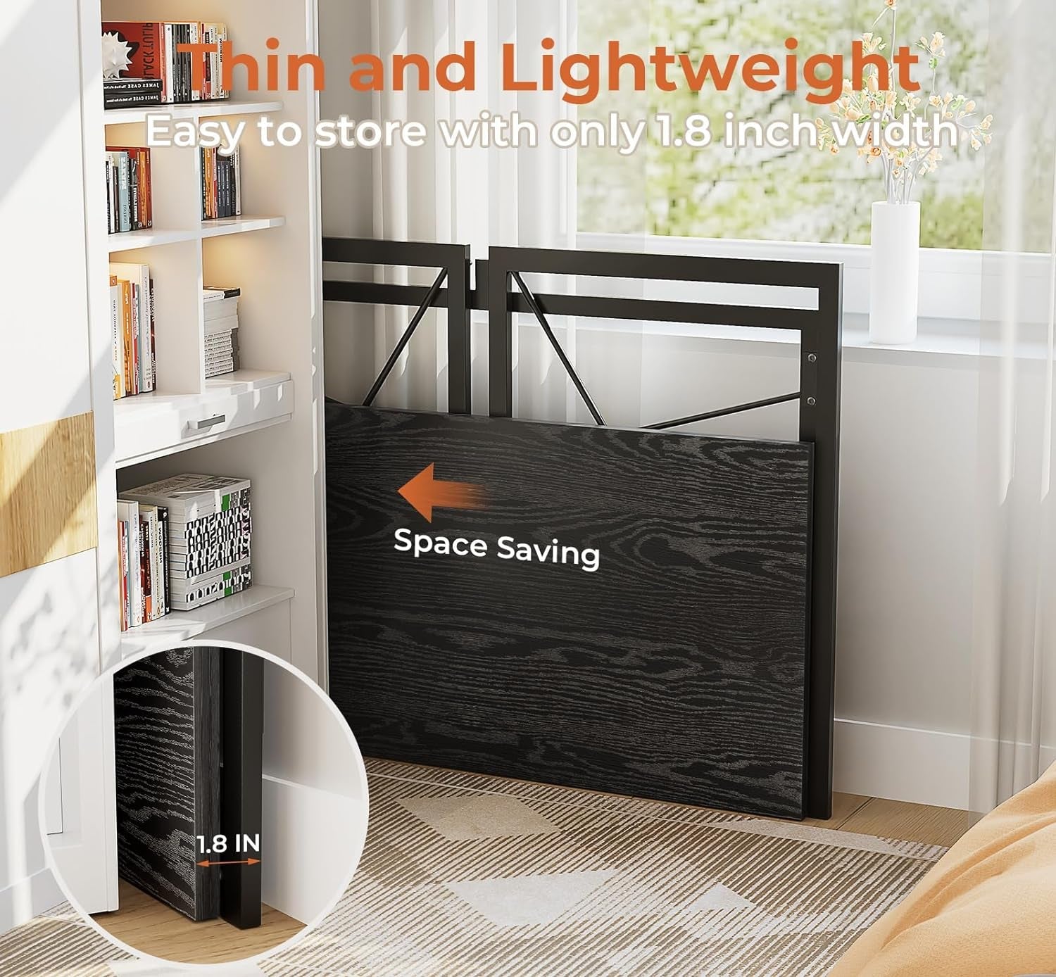 Small Folding Desk 31.5 Inch No Assembly Required Computer Desks, Spaces Saving Foldable Table for Bedroom, Home Office, Dorm, Apartment, Kids, Black Wood-3