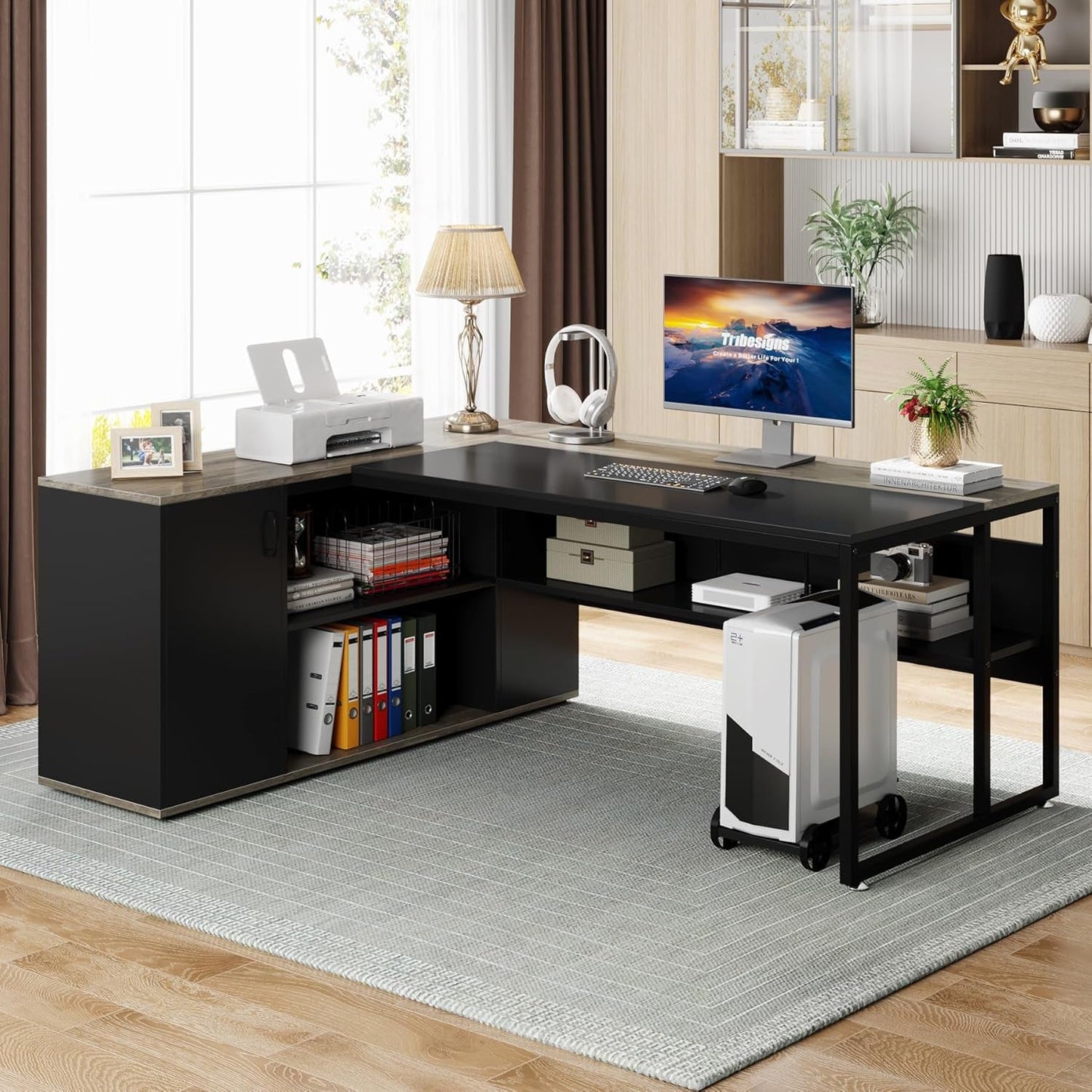 71" Gray L-Shaped Executive Desk with Storage-0