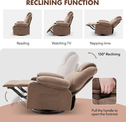 Oversized Swivel Rocker Recliner Chair with Heat and Massage, 360 Degree Swivel Rocking Single Sofa with Cup Holders and USB Port, Big Large Recliner Chair for Living Room (Fabric, Brown)-3