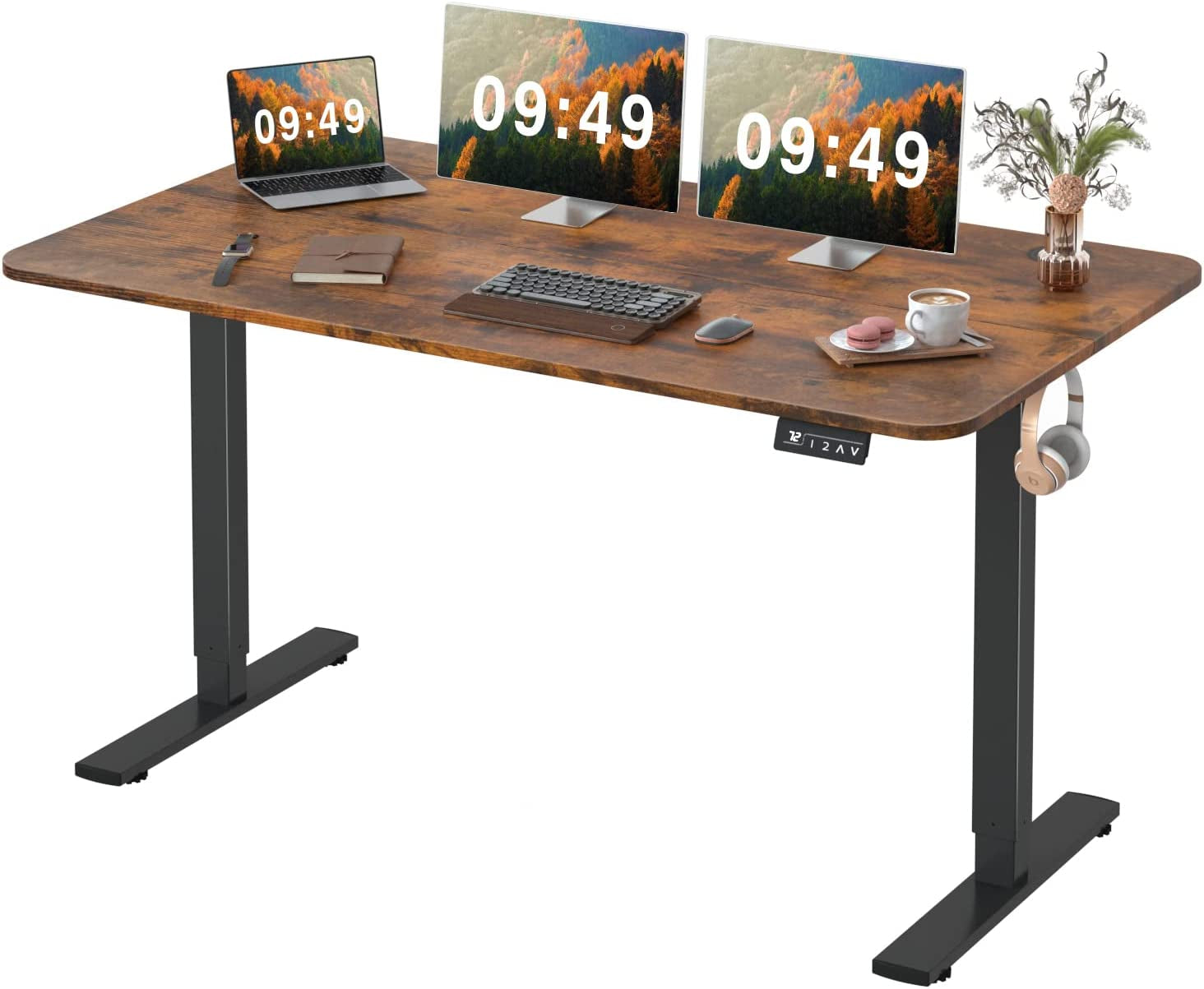 Electric Height Adjustable Standing Desk Large 55 X 24 Inches Sit Stand up Desk Home Office Computer Desk Memory Preset with T-Shaped Metal Bracke, Brown-0