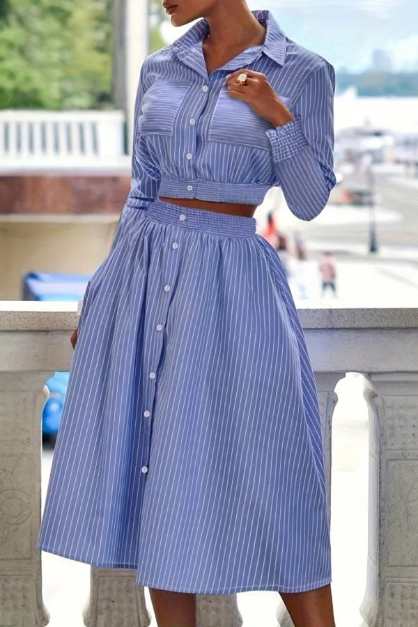 Casual Striped Patchwork Buttons Shirt Collar Long Sleeve Two Pieces