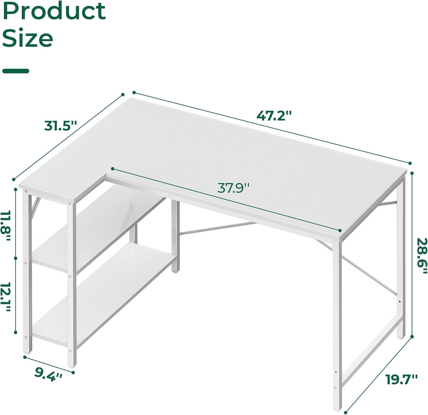 L Shaped Desk, 47 Inches Computer Desk with Reversible Storage Shelves, Gaming Desk, Corner Desk Home Office Desks, Writing Desk Study Desk with Metal Frame, White-2