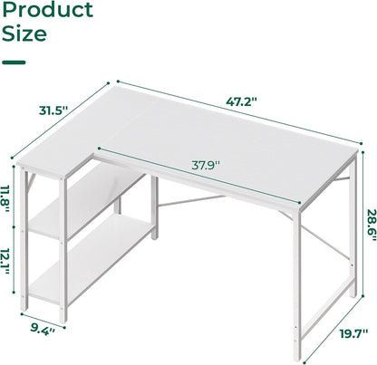 L Shaped Desk, 47 Inches Computer Desk with Reversible Storage Shelves, Gaming Desk, Corner Desk Home Office Desks, Writing Desk Study Desk with Metal Frame, White-2