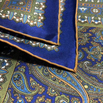 Navy Blue & Green Paisley Silk Pocket Square-3
