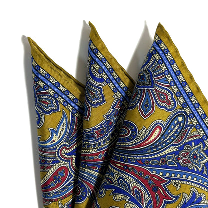 Golden Olive Green Paisley Silk Pocket Square-1
