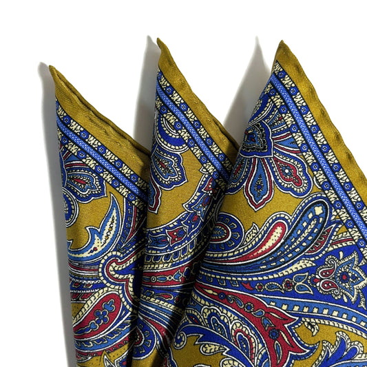 Golden Olive Green Paisley Silk Pocket Square-1