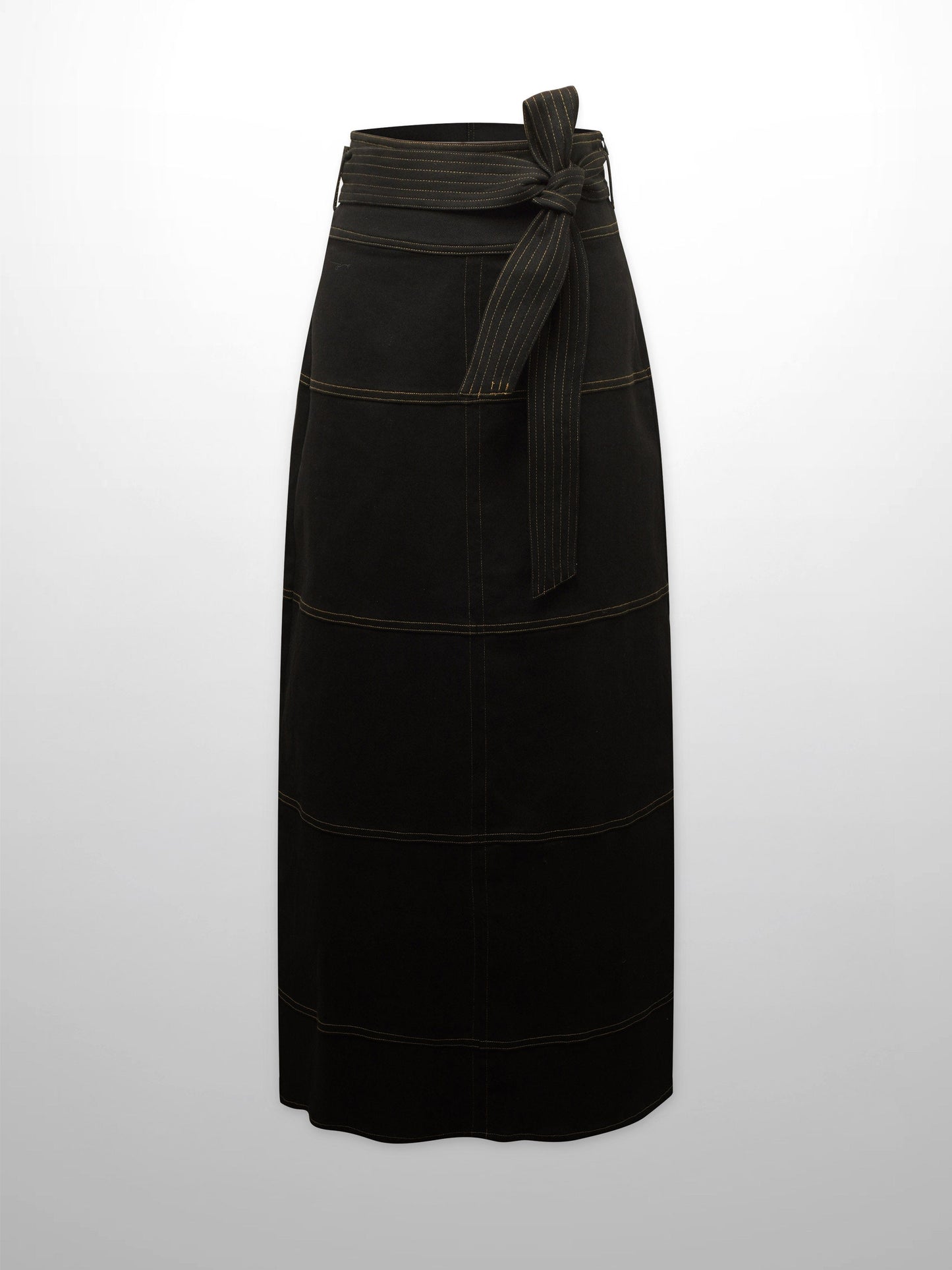 Stitched Tiered Belted Denim Skirt-Black-0