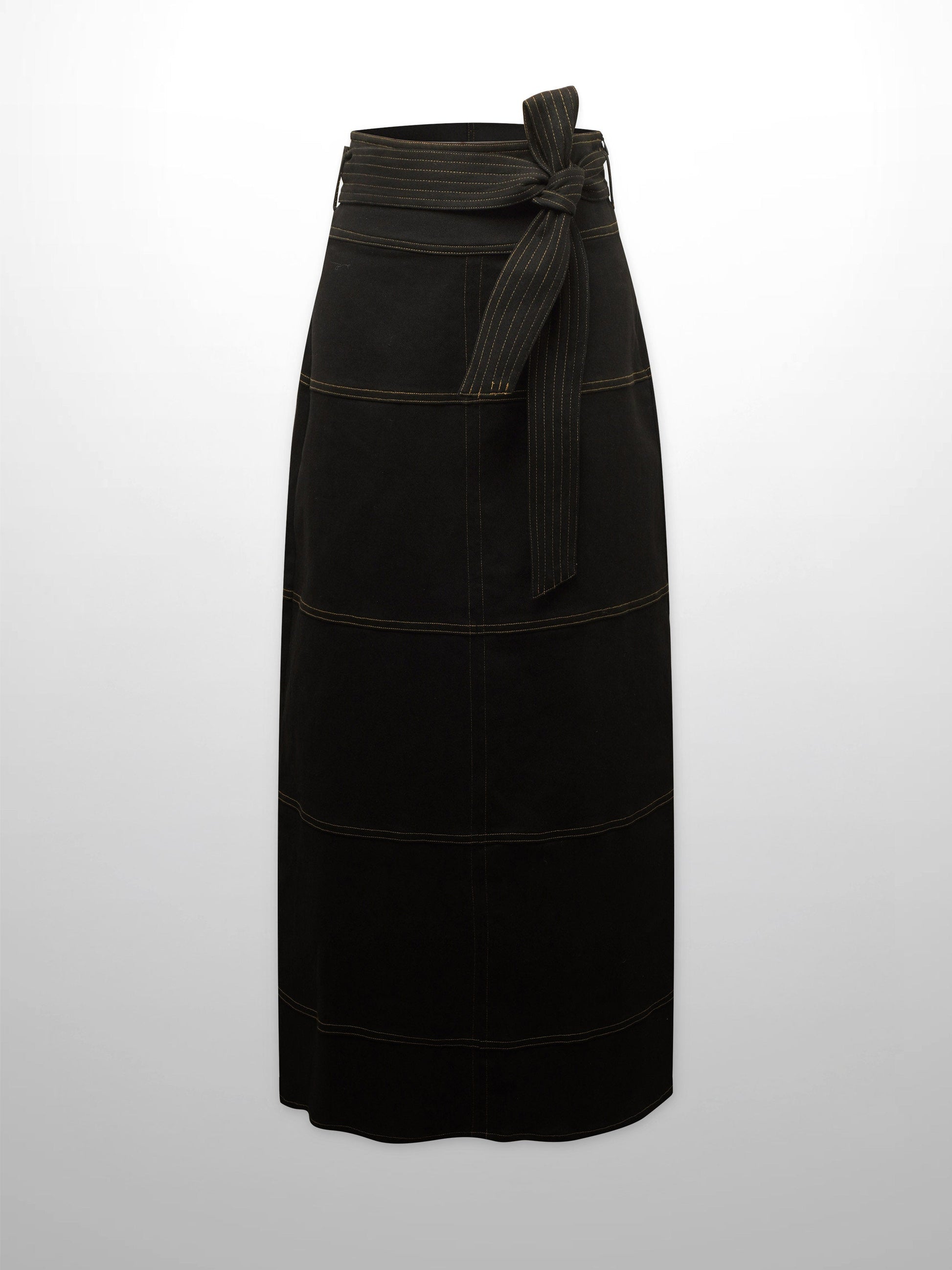 Stitched Tiered Belted Denim Skirt-Black-0