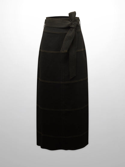 Stitched Tiered Belted Denim Skirt-Black-0