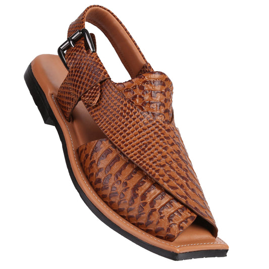 Eddie Men's Real Cow Leather Snake Print Peshawari Chappal Tan-0