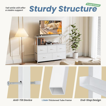 TV Stand Dresser for Bedroom with 5 Fabric Drawer,Entertainment Center for 45 Inch Television, Media Console Table with Storage, Open Shelf, Adjustable Feet, Living Room Furniture, White-4