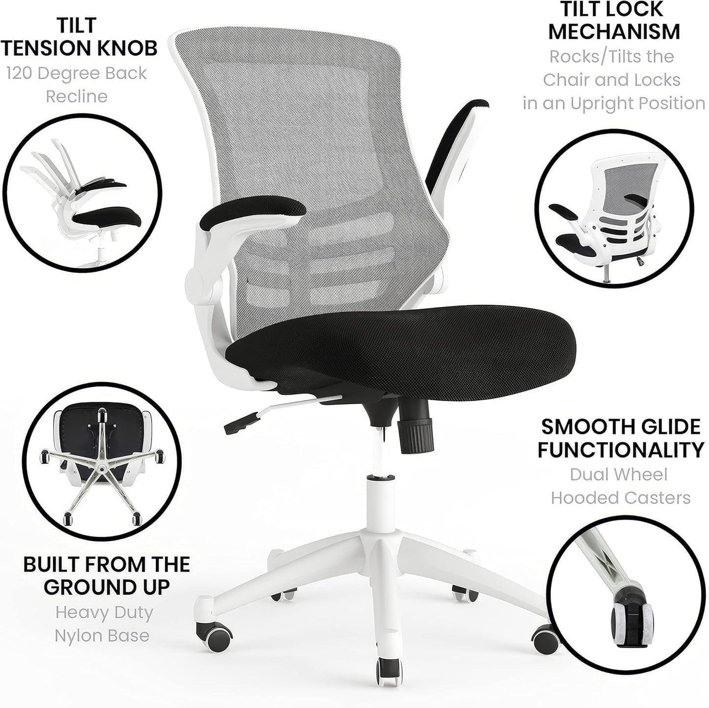 Kelista Office Chair, Ergonomic, Mid-Back, White Frame, Black Mesh with Swivel-3