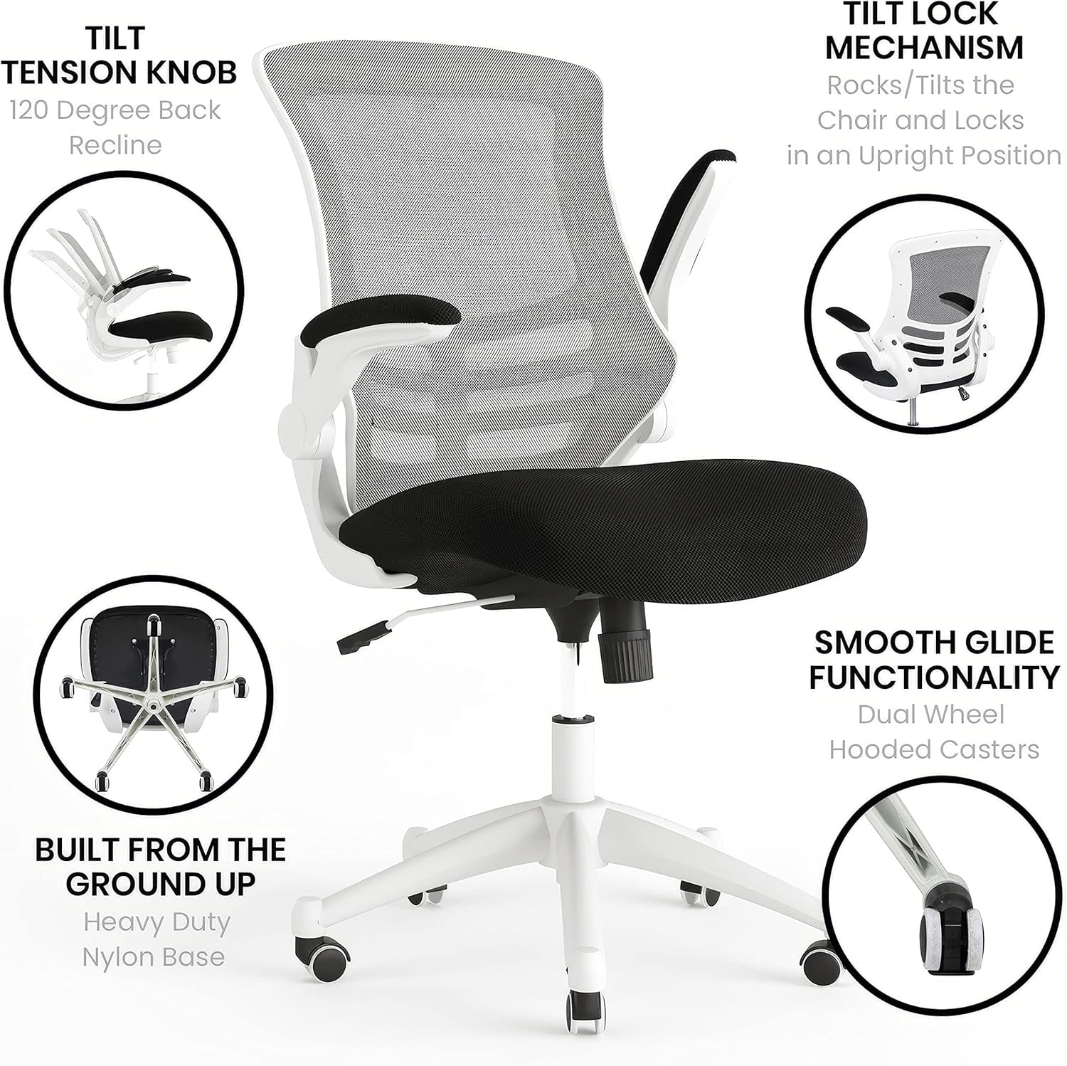 Kelista Office Chair, Ergonomic, Mid-Back, White Frame, Black Mesh with Swivel-3