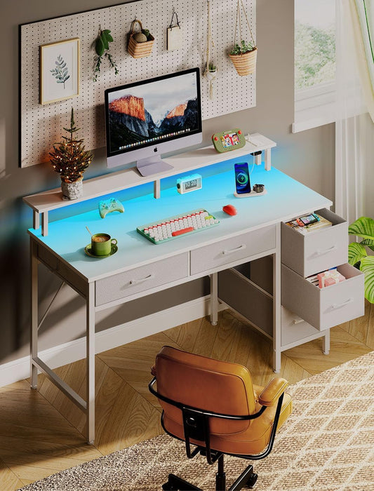 Computer Desk with Power Outlets & LED Light, 39 Inch Home Office Desk with 5 Drawers, Writing Desk with Monitor Stand, Work Desk for Home Office, White-1