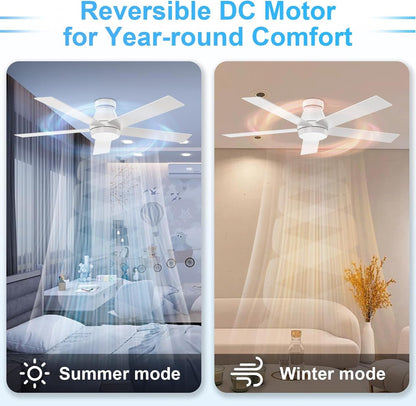 52" Ceiling Fan with Lights, White Flush Mount Ceiling Fans, 5 Blades Low Profile Ceiling Fans, 6 Speeds DC Reversible, Dimmable, Modern Ceiling Fans for Bedroom, Living Room and Garage (White)-3