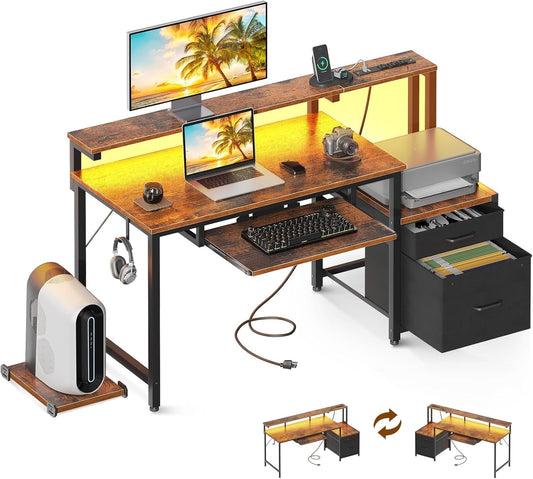 48" Computer Desk with Fabric File Cabinet and Drawer, Reversible Office Desk with Power Outlet and LED Light, Study Desk with Printer Stand, Keyboard Tray, Monitor Riser and PC Stand, Vintage-0