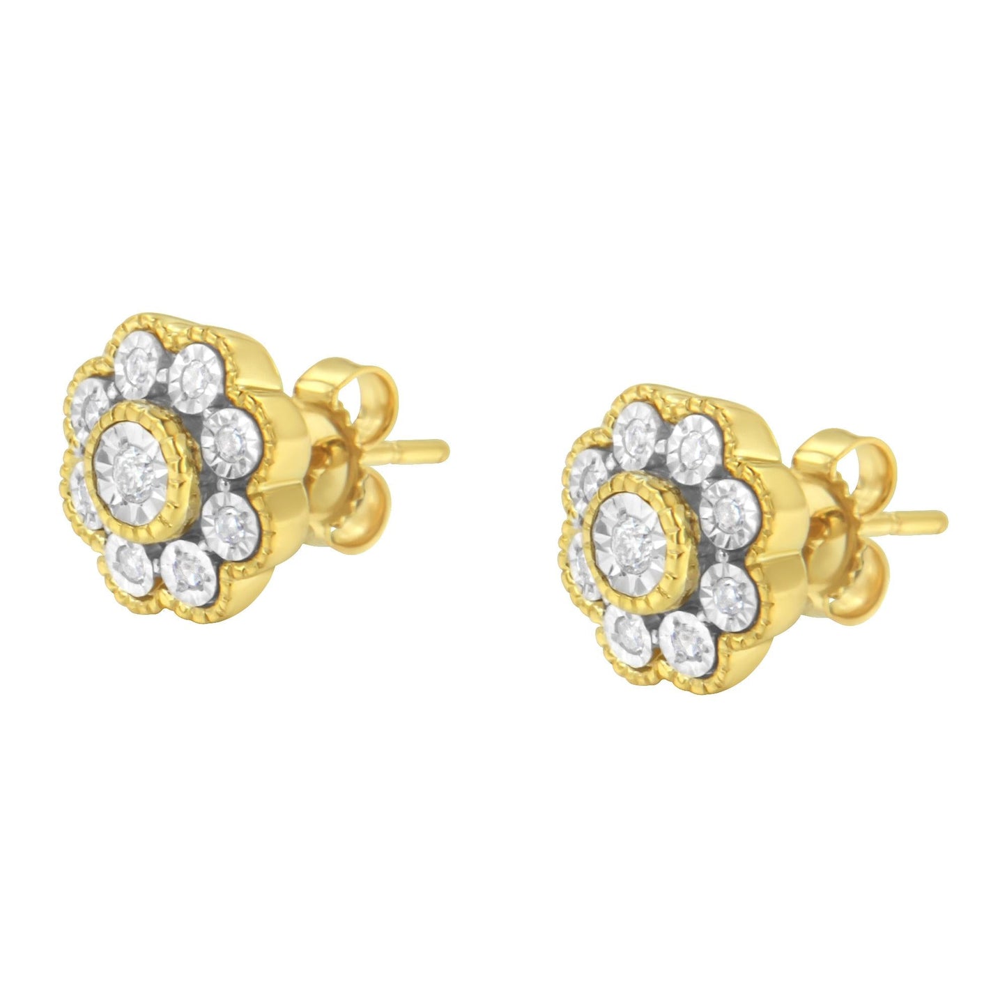 14K Yellow Gold Plated .925 Sterling Silver 1/6 Cttw Miracle-Plate Set Diamond Floral Stud Earrings (I-J Color, I2-I3 Clarity)-3