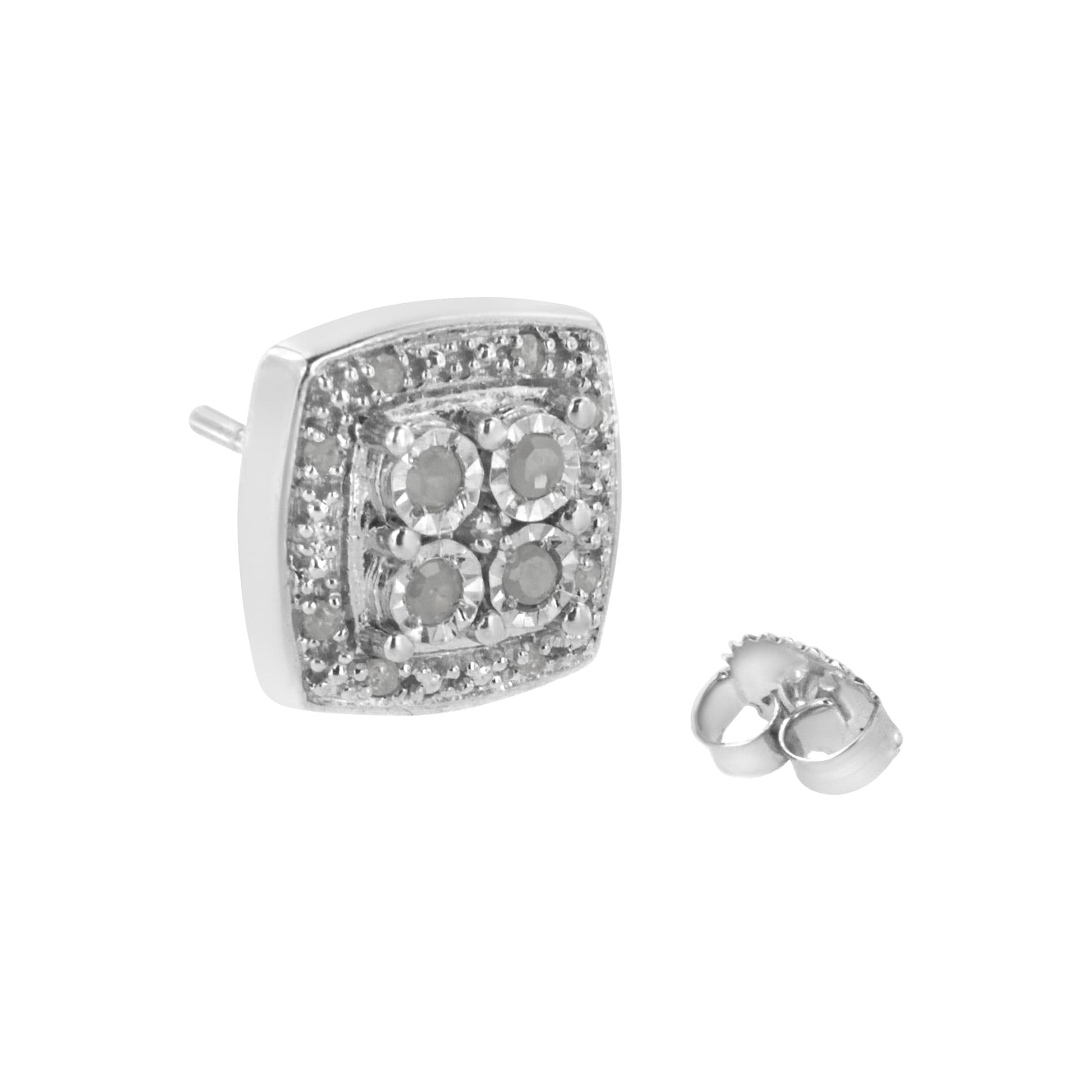 .925 Sterling Silver 1/4 cttw Round Cut Diamond Square Shape Milgrain Stud Earrings (I-J Color, I3 Clarity)-3