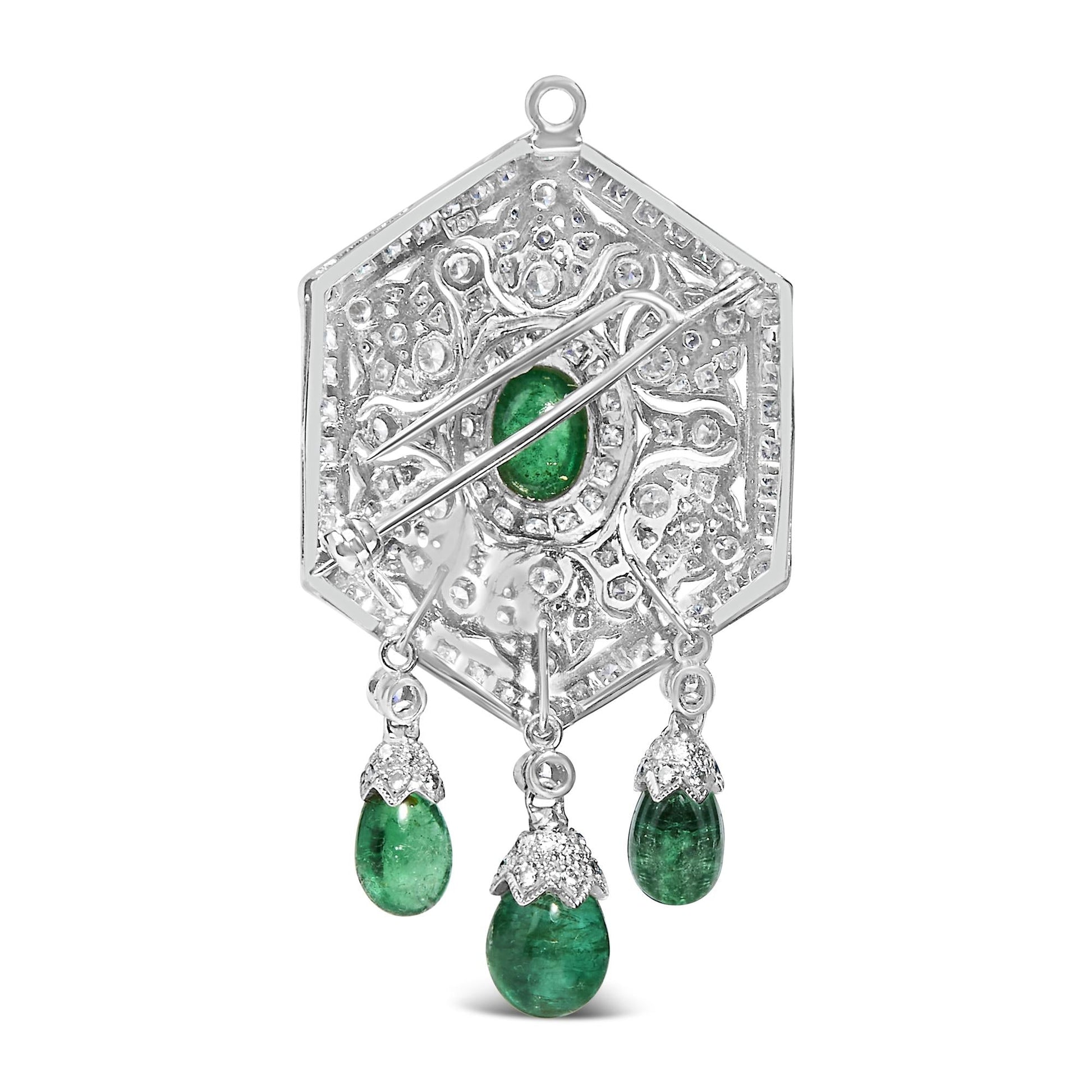 18K 2 3/4 Cttw Diamond and Emerald Dangle Art Deco Shield Brooch Pin Pendant (G-H Color, VS1-VS2 Clarity) CHAIN NOT INCLUDED-3