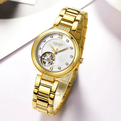MEGIR Luxury Stainless Steel Gold Women Bracelet Watch Large Dial Automatic Mechanical Wrist Watches Ladies Business Watch Clock-3