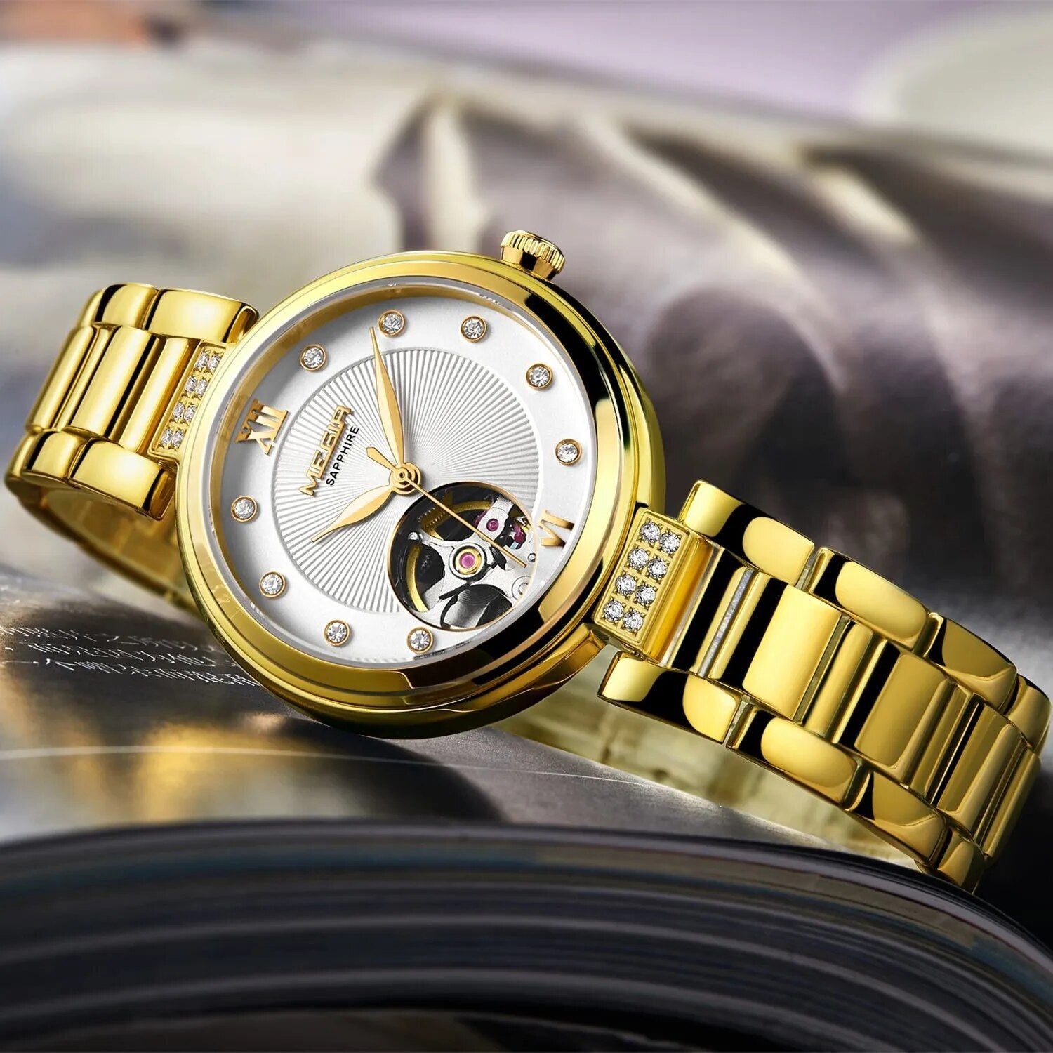 MEGIR Luxury Stainless Steel Gold Women Bracelet Watch Large Dial Automatic Mechanical Wrist Watches Ladies Business Watch Clock-4
