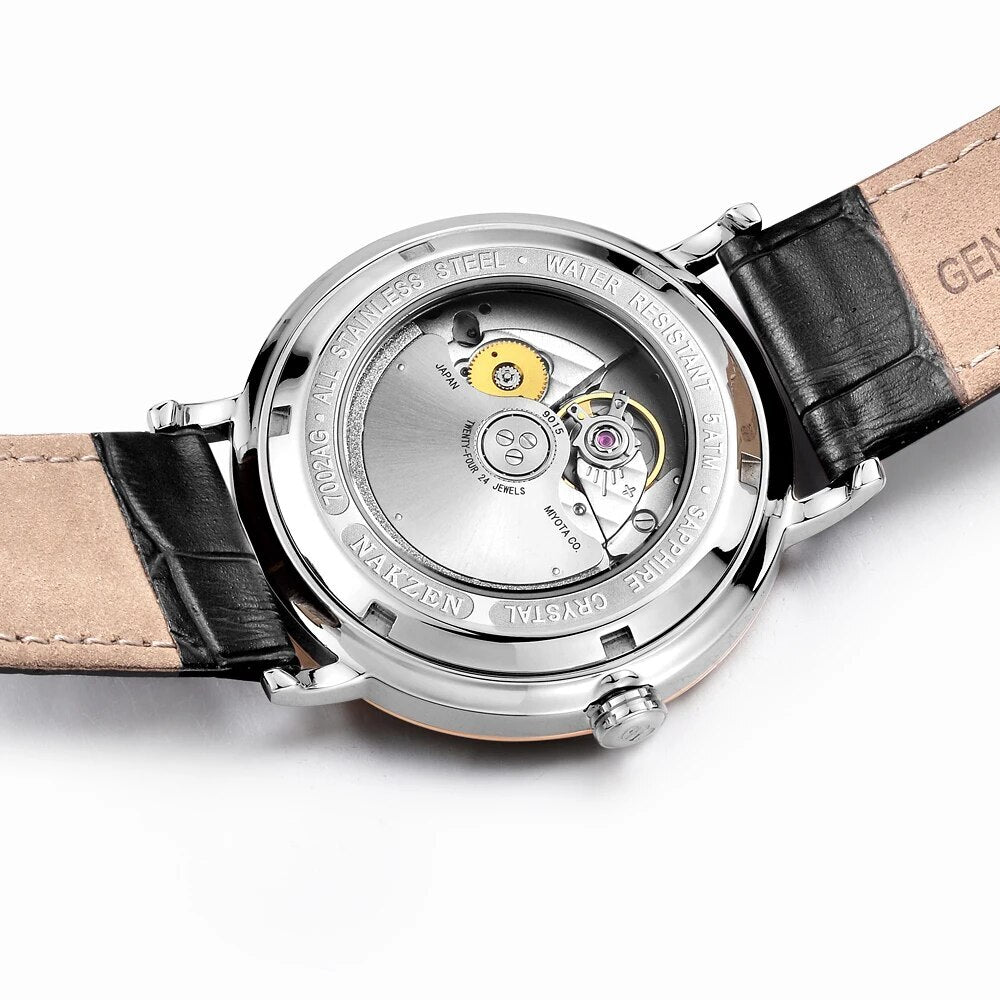 NAKZEN Men Business Automatic Mechanical Watches Brand Luxury Leather Man Wrist Watch Male Clock Relogio Masculino Miyota 9015-3