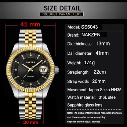 NAKZEN Watch Luxury Men Automatic Mechanical Tourbillon Clock Fashion Sapphire Glass Stainless Steel Waterproof Watches NH35 Mov-3