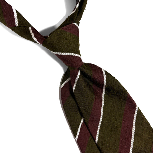 Untipped Olive Green / Brown Striped Silk Shantung Tie-1